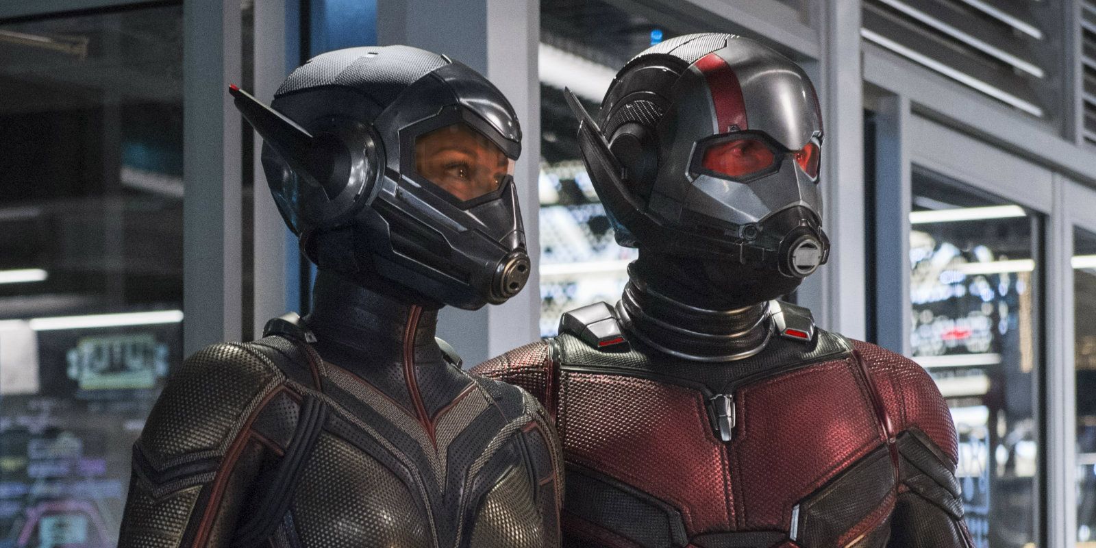 The Wasp and Ant-Man looking to the same direction in Ant-Man and the Wasp.