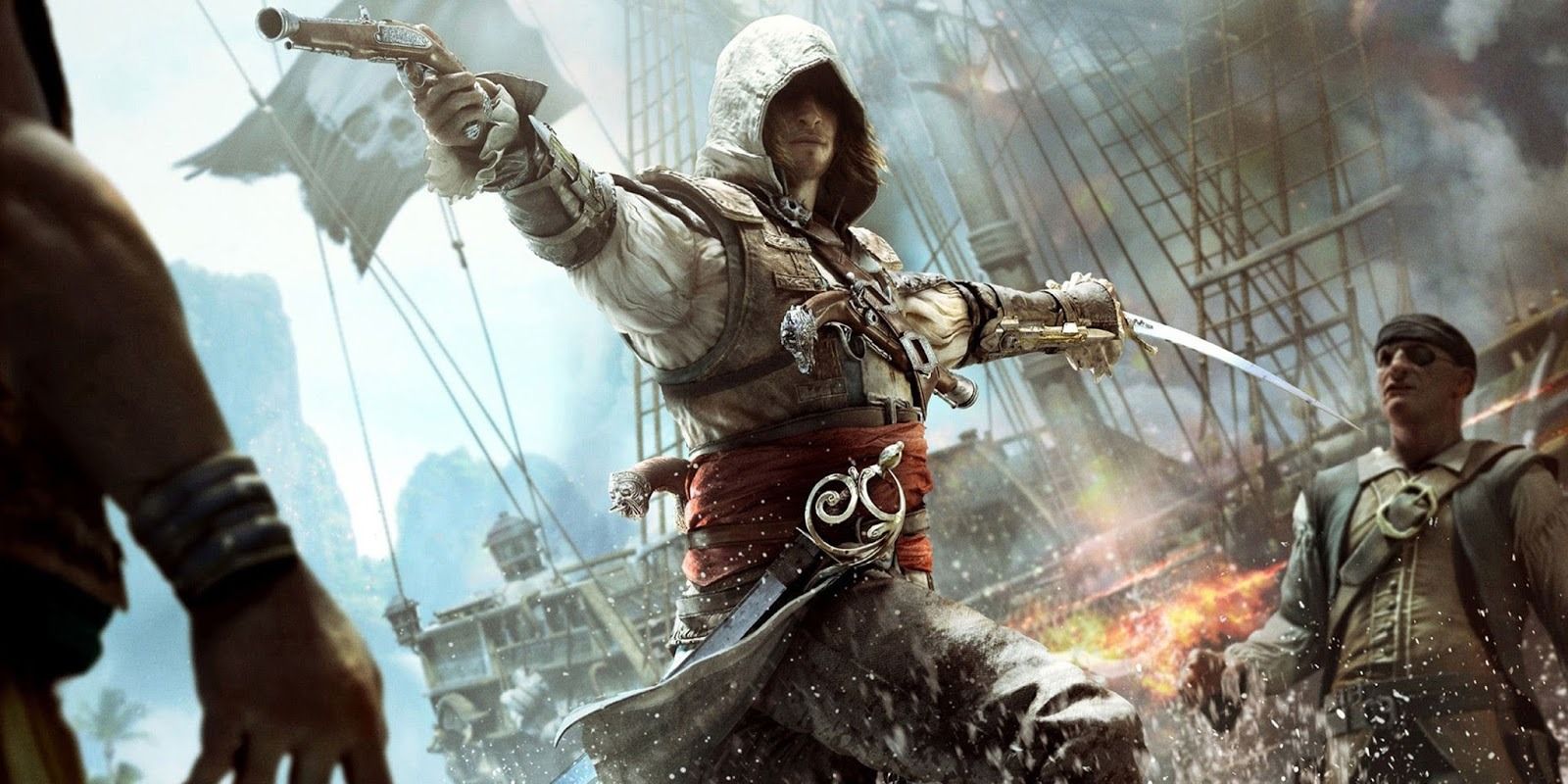 Edward Kenway from Assassin's Creed: Black Flag, holding two enemies at bay on either side of him by pointing a flintlock pistol at one and a saber at the other.