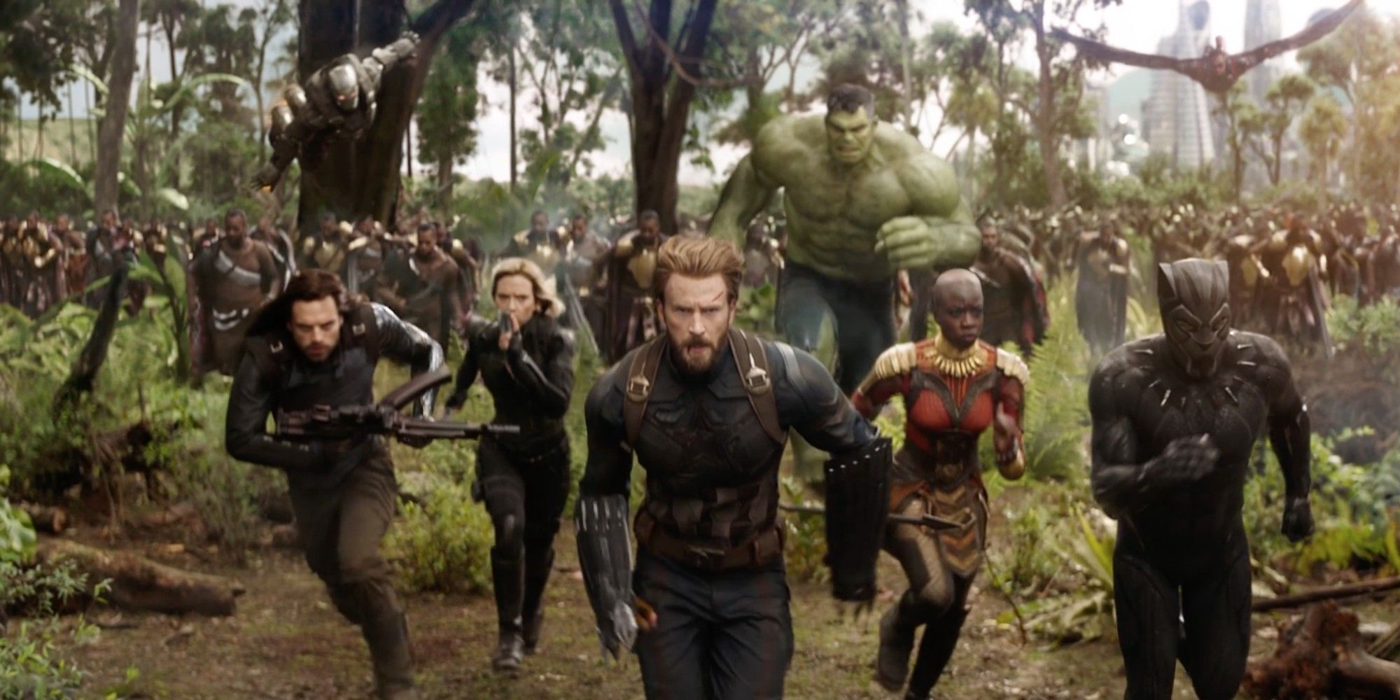 The Avengers running towards the camera in an Infinity War trailer shot.