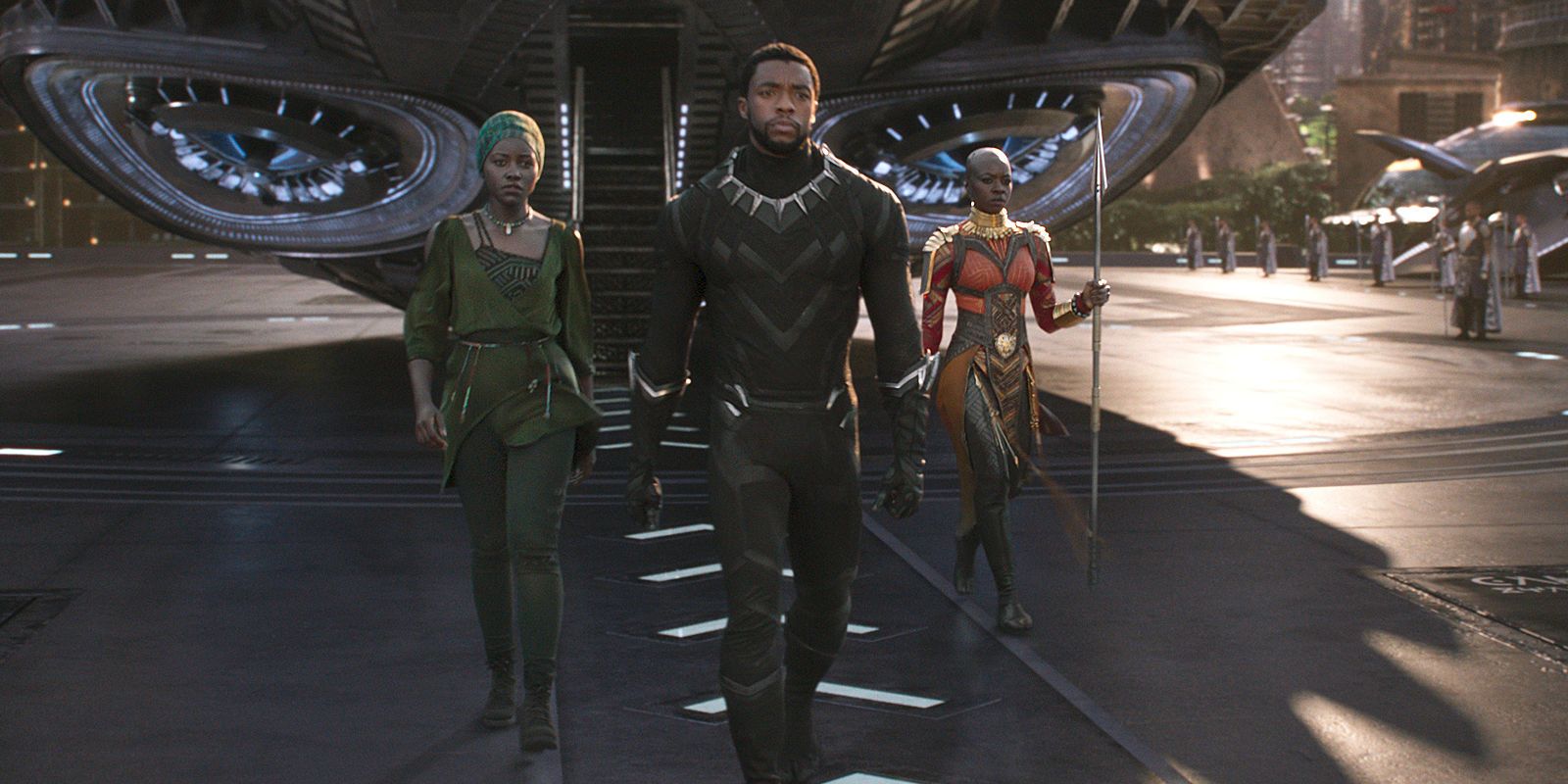 T'Challa, Okoye, and Nakia arrive at Wakanda in Black Panther