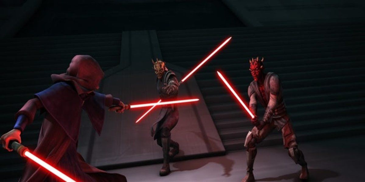 Maul, Savage Opress, and Darth Sidious duel on Mandalore in The Clone Wars