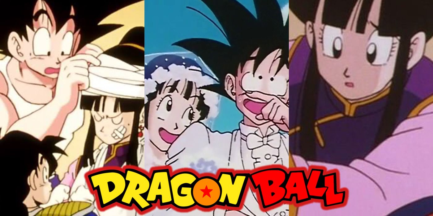 A collage of images of Goku and Chi-Chi from the Dragon Ball franchise.