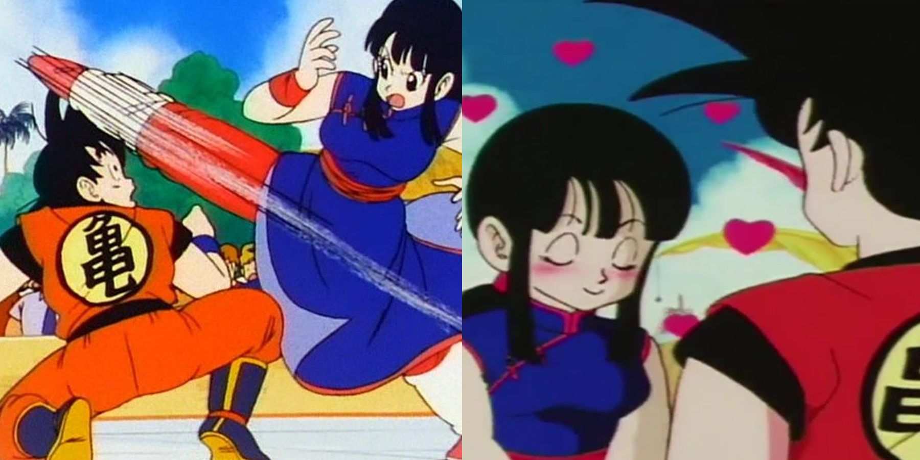 A split image of Goku and Chi-Chi from the anime series Dragon Ball.