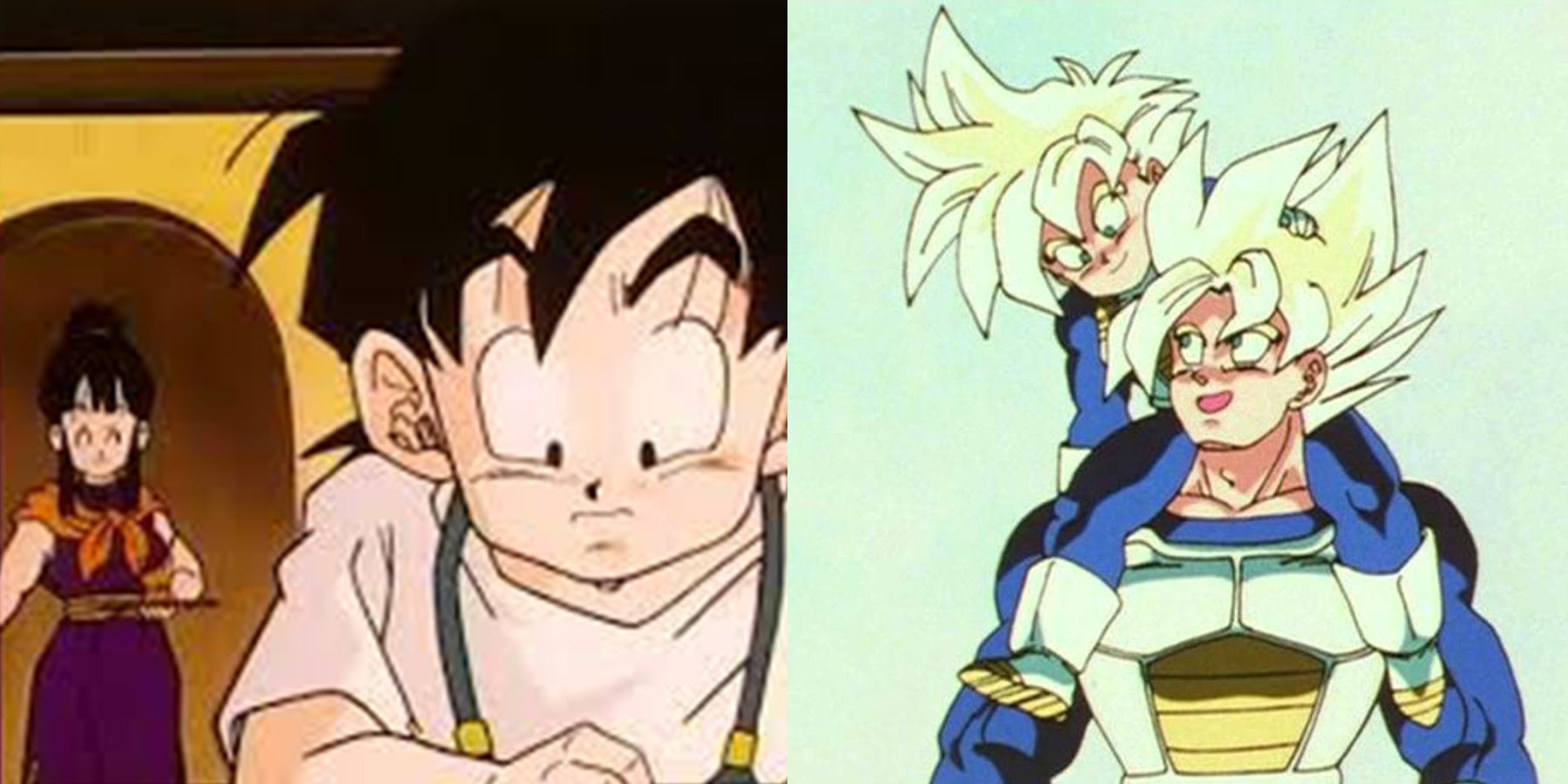 Goku, Chi-Chi, and Gohan in Dragon Ball.