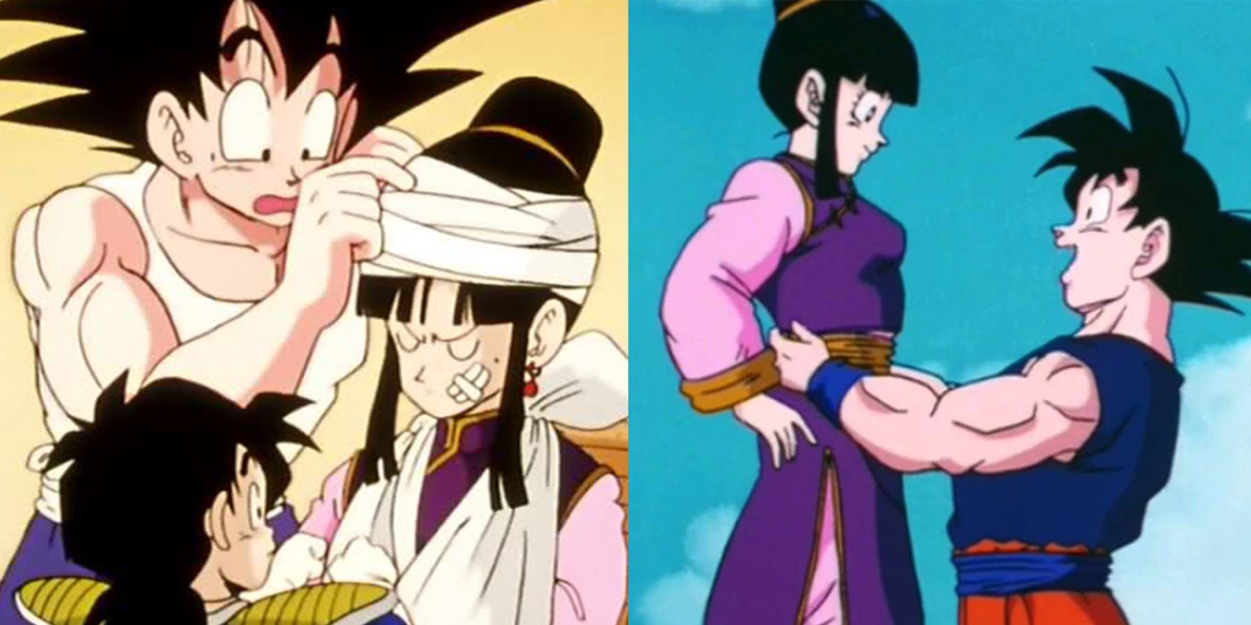 Split images of Goku and Chi-Chi from the Dragon Ball anime.