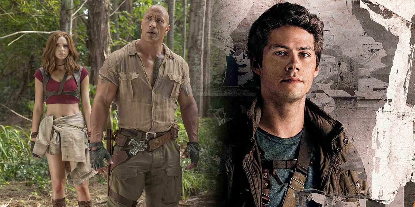 Dwayne Johnson and Karen Gillan in Jumanji Welcome to the Jungle, and Dylan O'Brien in Maze Runner: The Death Cure
