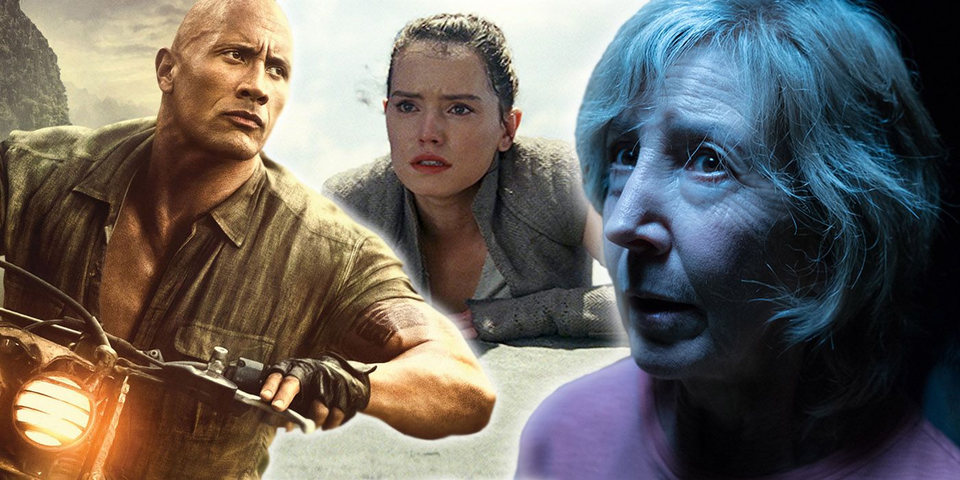 Dwayne Johnson in Jumanji: Welcome to the Jungle, Daisy Ridley in Star Wars: The Last Jedi, and Lin Shaye in Insidious: The Last Key