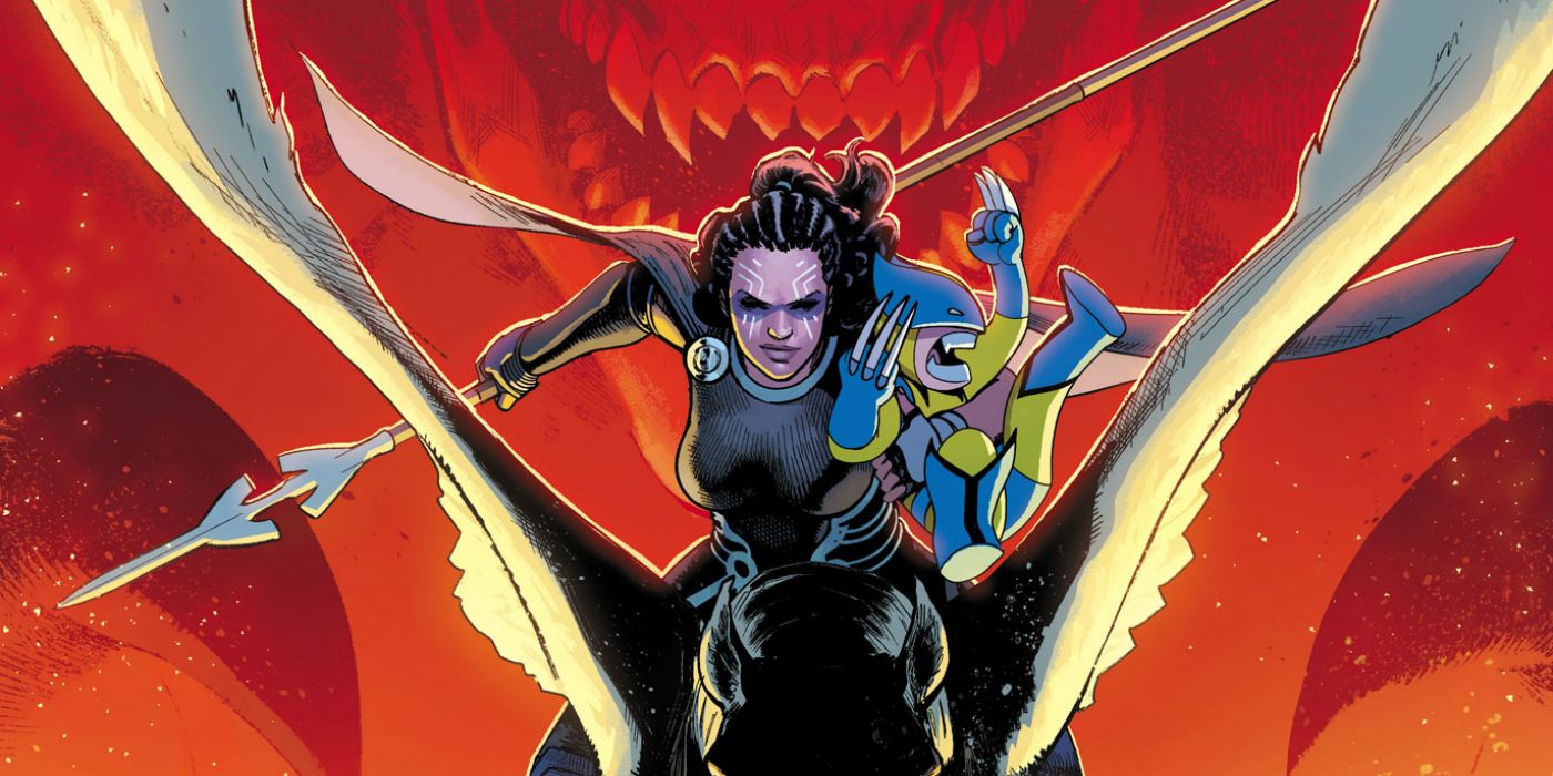 Valkyrie rides into battle in Exiles comics.