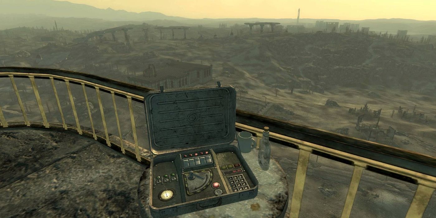 A device on top of a building overlooking a dystopian landscape in Fallout 3.