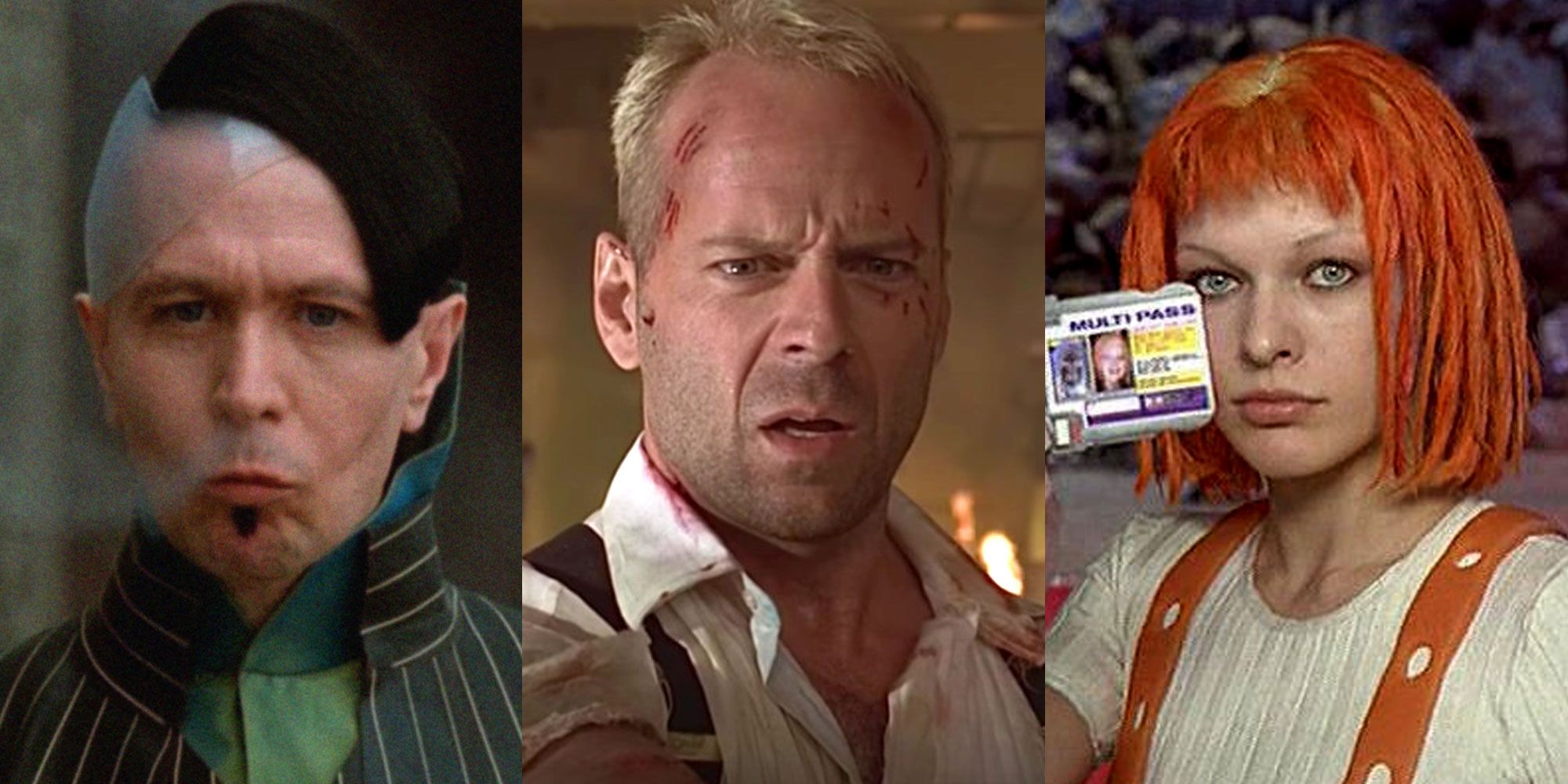 A split image features The Fifth Element characters Zorg, Korben Dallas, and Leeloo