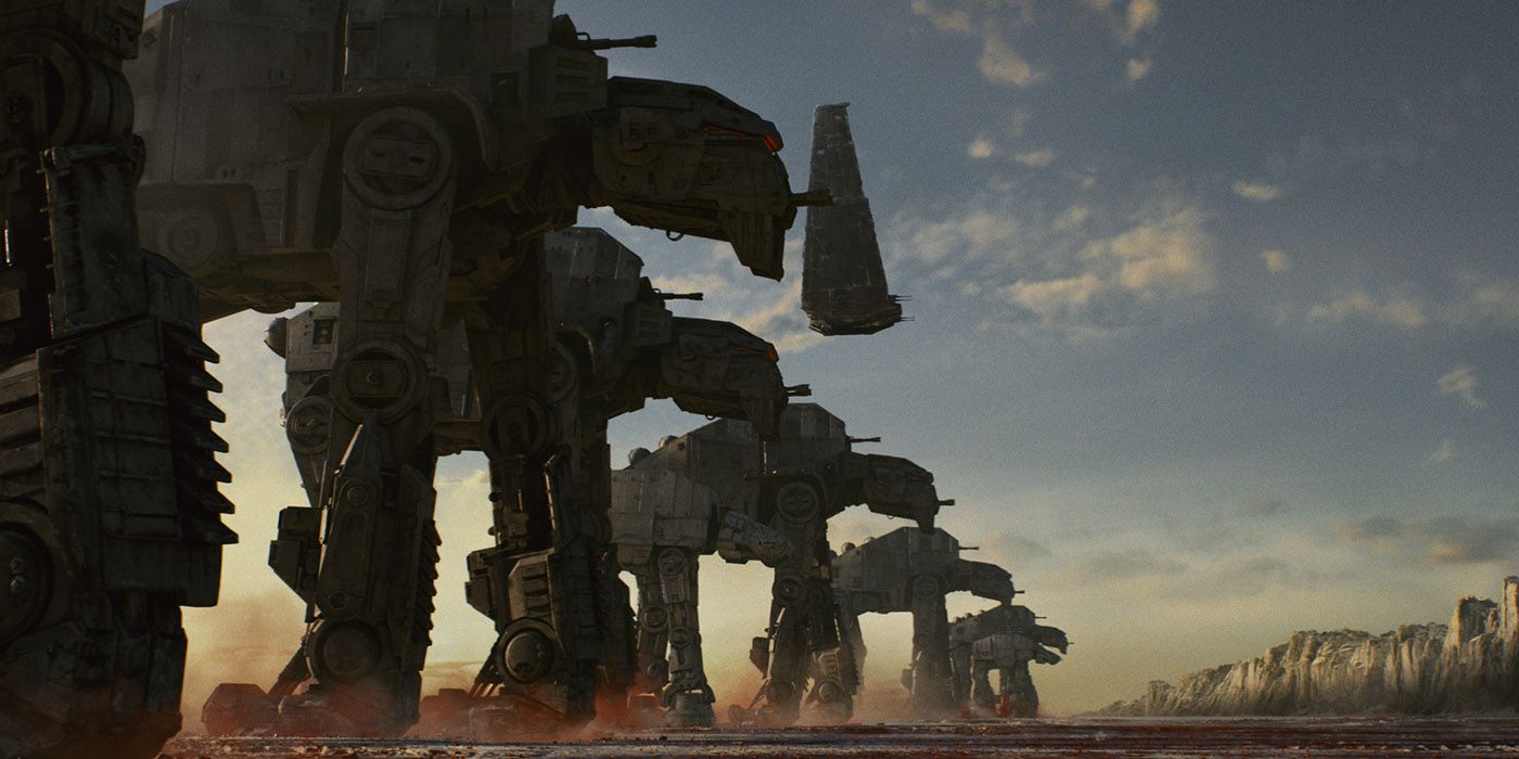 First Order AT-M6 walkers deploy on Crait in Star Wars: The Last Jedi.
