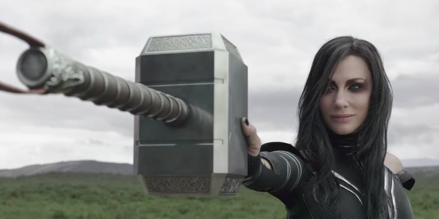 Hela holding Mjolnir in Thor: Ragnarok