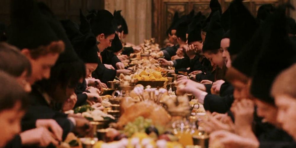 A feast at Hogwarts being enjoyed by students
