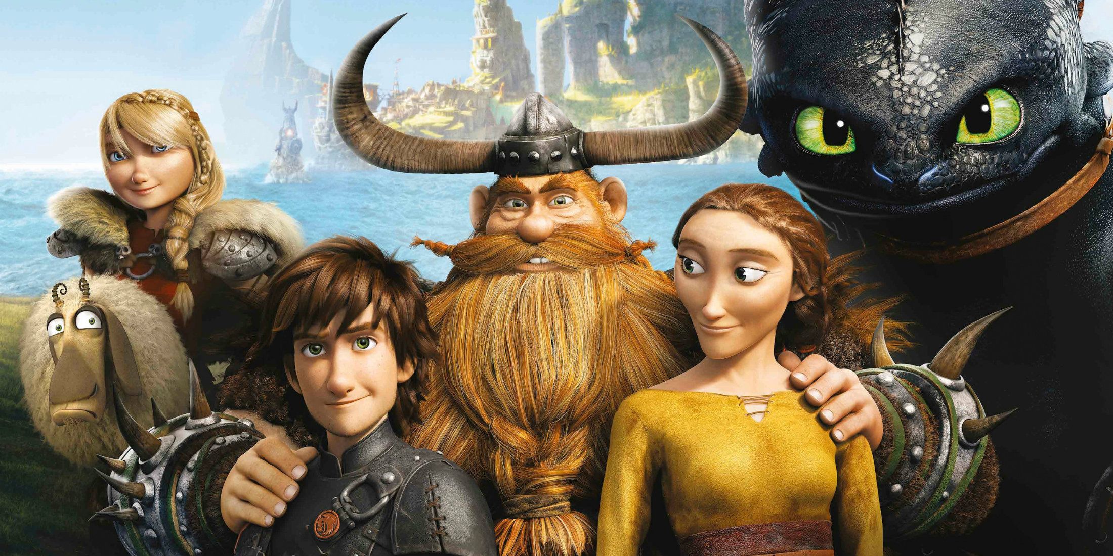 The main characters in How to Train Your Dragon 2, posing for a photo