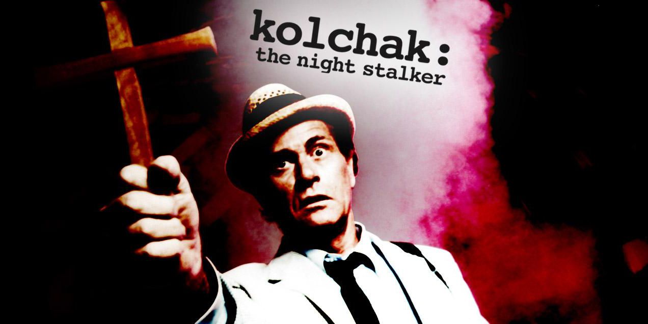 A poster for Kolchak: The Night Stalker showing man holding a cross