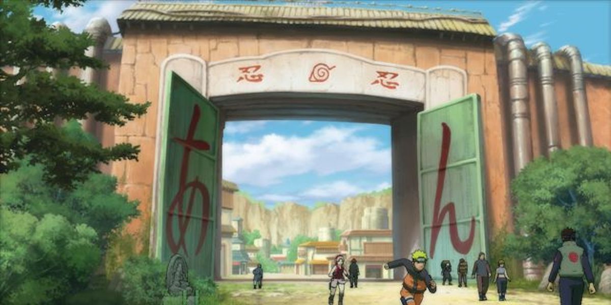 Naruto correndo da entrada do portão de Konoha com Sakura logo atrás dele