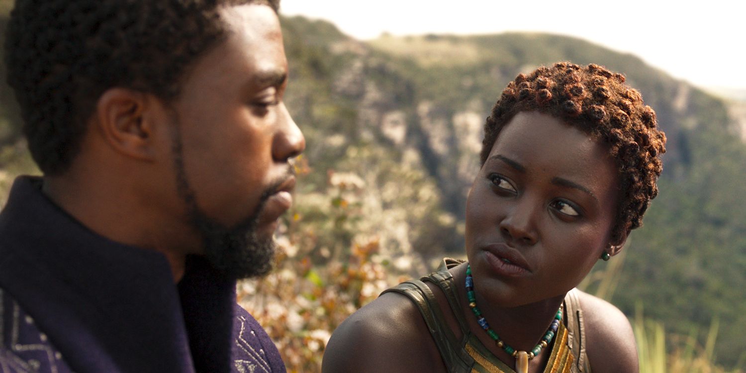 Chadwick Boseman as T'Challa/Black Panther and Lupita Nyong'o as Nakia talking in Black Panther