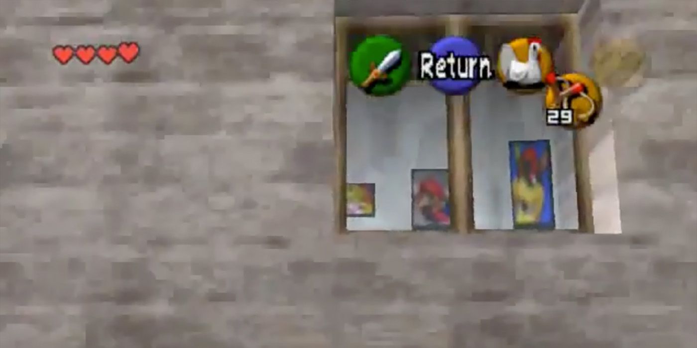 Portraits of Peach, Mario, and Bowser, as seen through a Hyrule Castle window in Ocarina of Time.