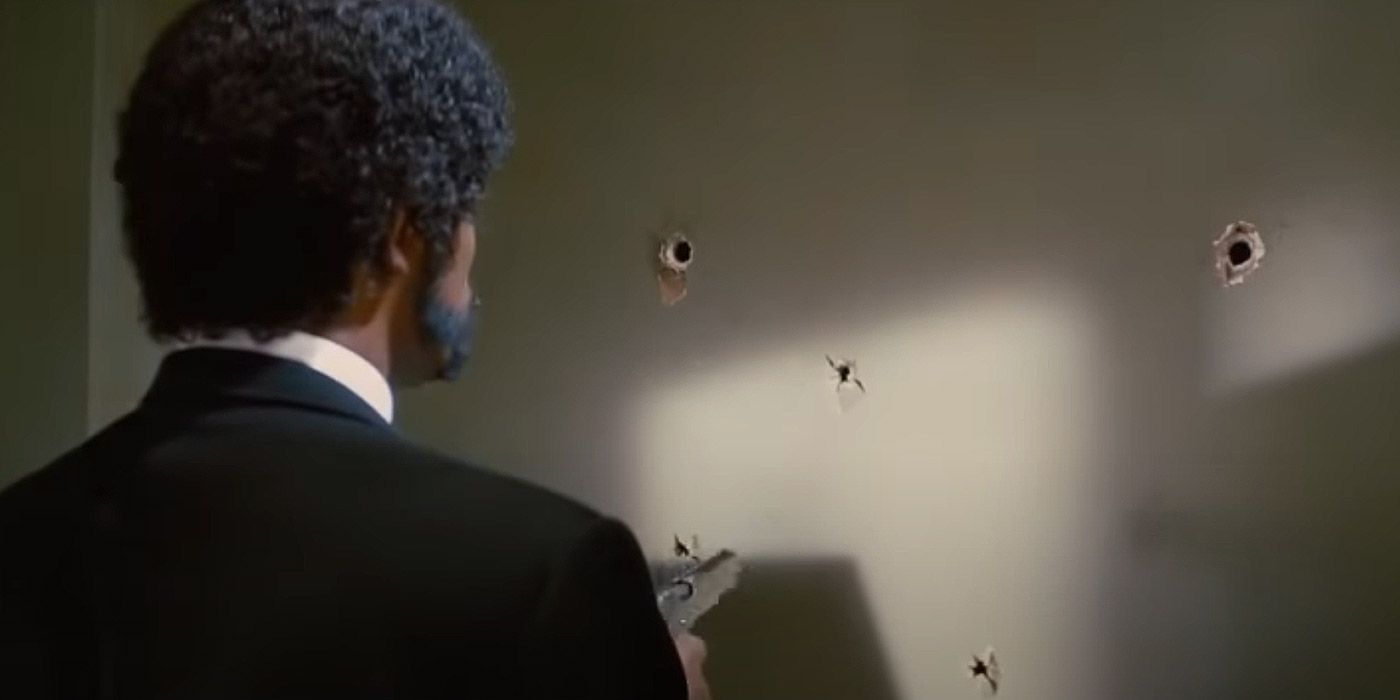Jules stares at gunshots in a wall in Pulp Fiction