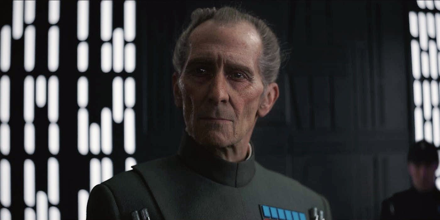 Peter Cushing as Grand Moff Tarkin looking one way in Rogue One