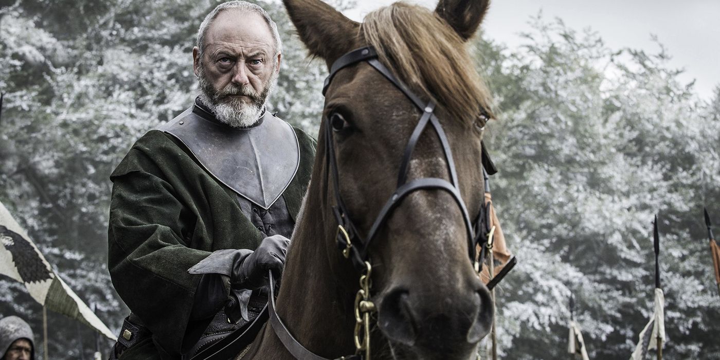 Davos on a horse in Game of Thrones