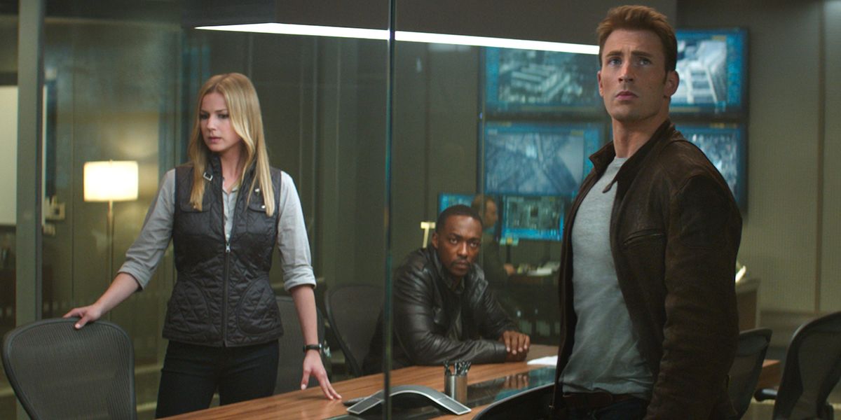 Sharon Carter, Sam Wilson, and Steve Rogers in a conference room in Captain America Civil War