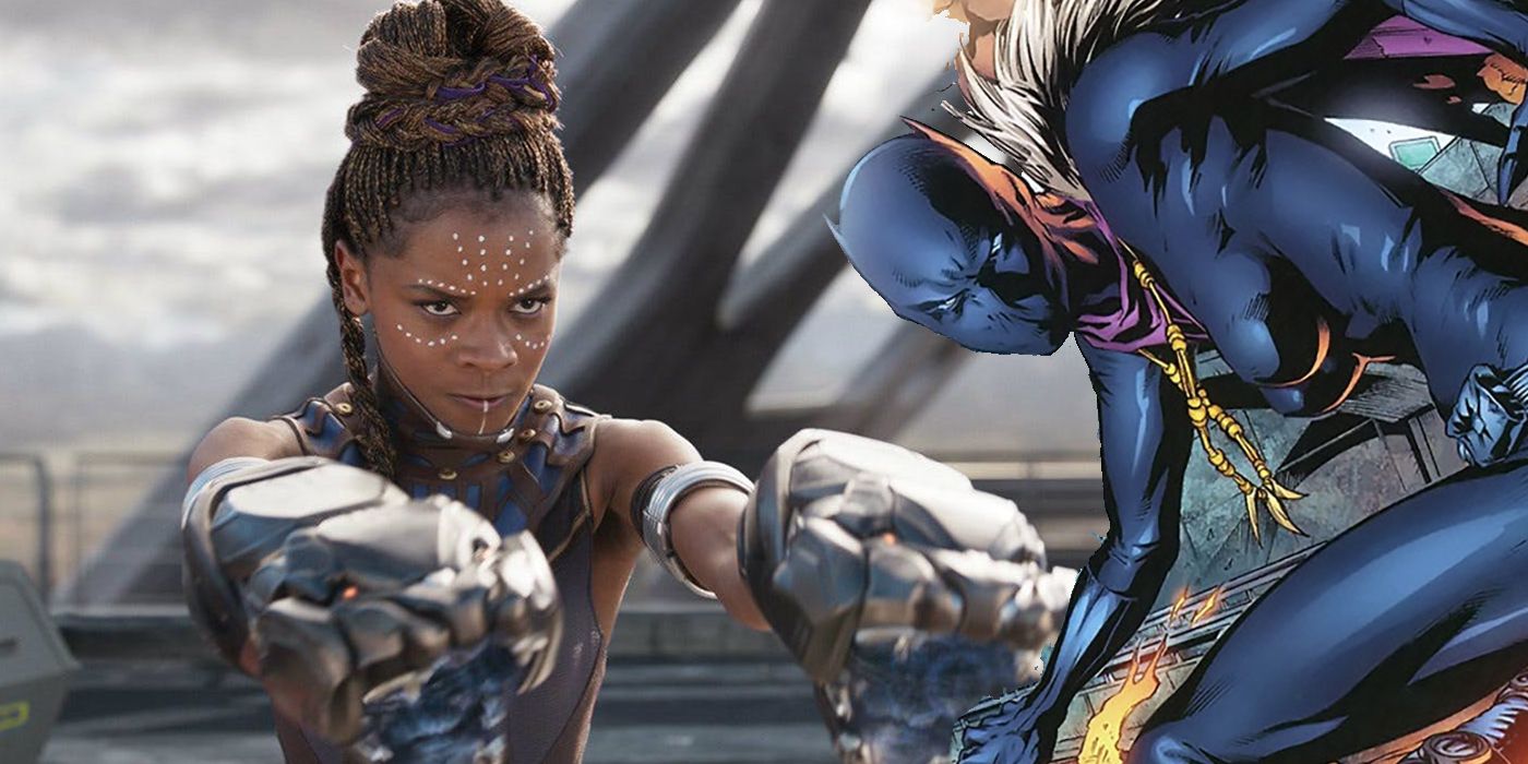 A blended image features Letitia Wright as Shuri in the MCU and Shuri as the Black Panther in Marvel comics