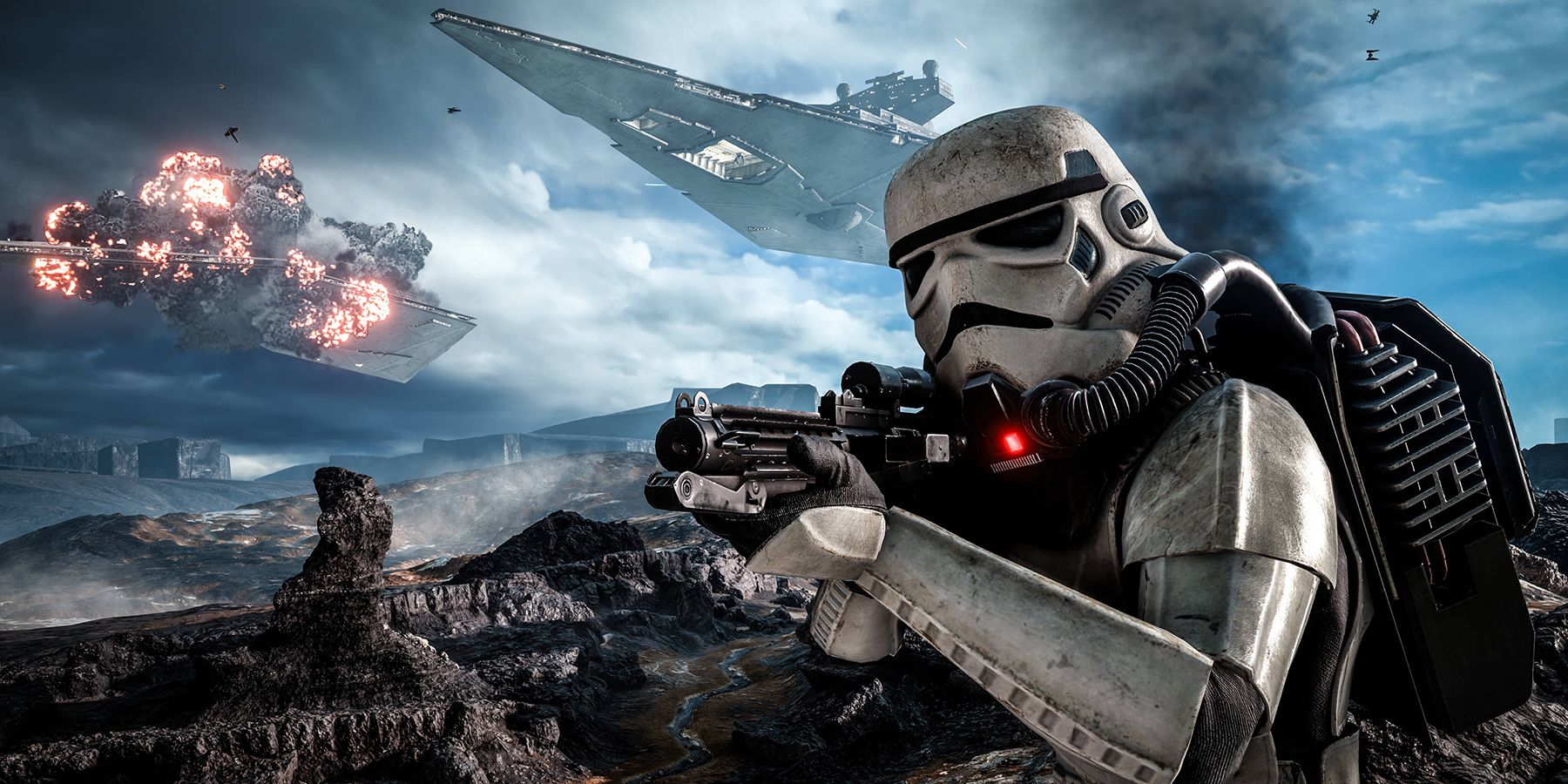 A Storm Trooper shoots through debris in Star Wars Battlefront 2