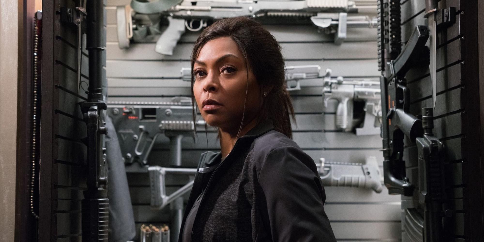 Taraji P. Henson as Mary Goodwin surrounded by guns in Proud Mary