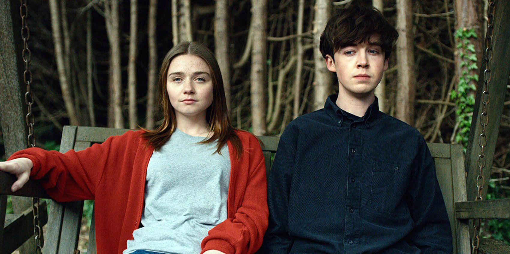 James and Alyssa sit on a bench in The End of the F***ing world.
