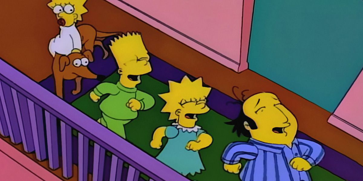 Maggie, Bart, Lisa, and Jay walking in a line and smiling in The Simpsons.