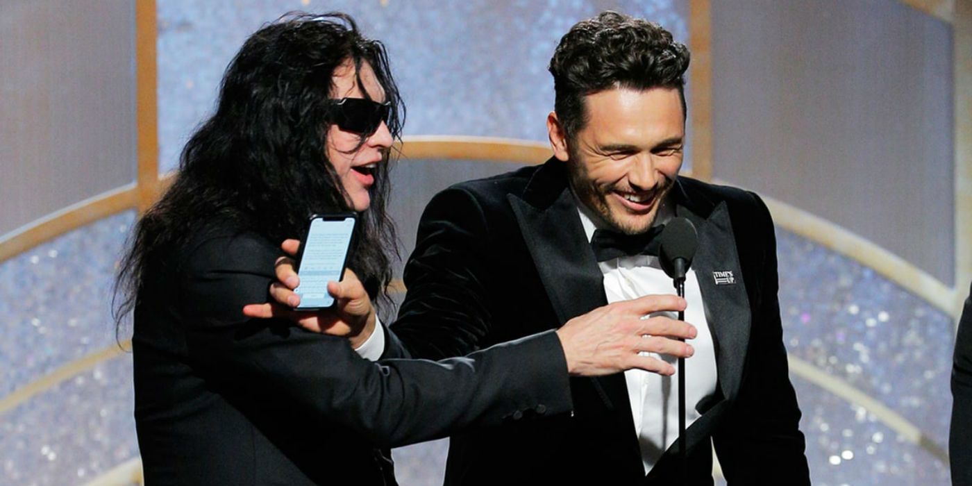 Tommy Wiseau and James Franco at the Golden Globes (NBC image)