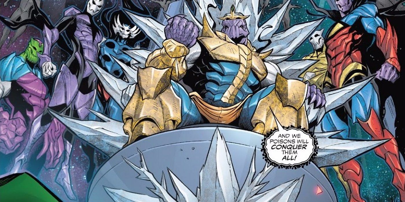 Thanos sits on his throne in the Venomverse in Marvel Comics.