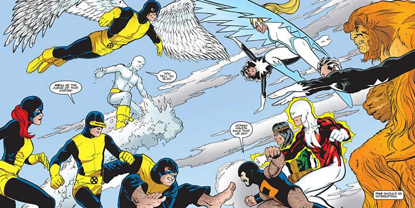 The original X-Men and Alpha Flight rosters charge at one another.