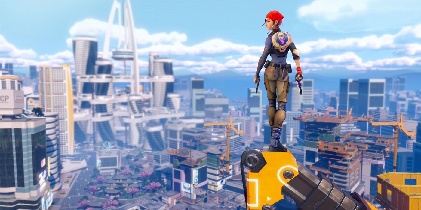 A superhero looks over a futuristic city in Agents of Mayhem