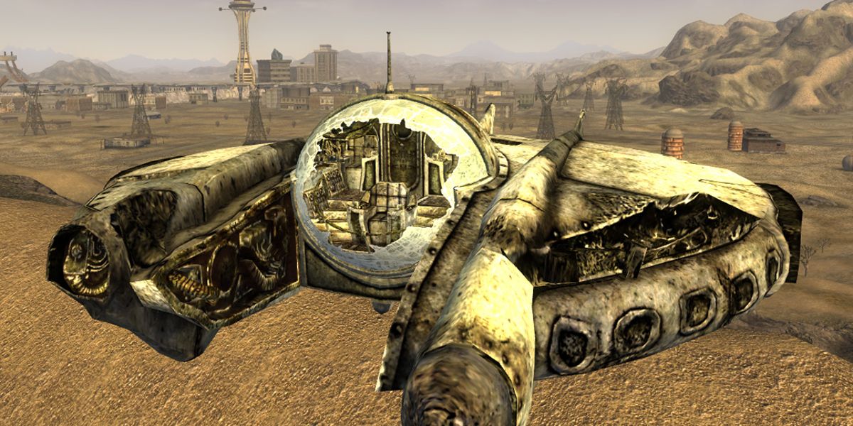 A hovering alien ship above a mercenary camp in Fallout: New Vegas