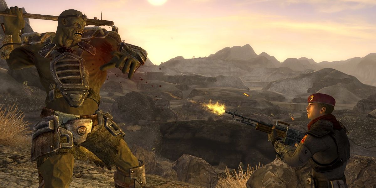 A super mutant takes on an NCR gunman in Fallout: New Vegas