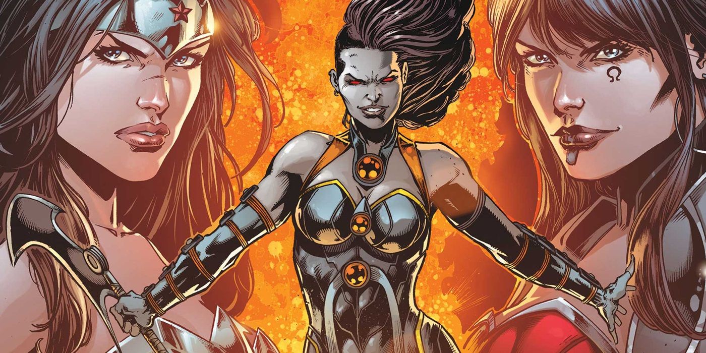 Image of Grail, Darkseid's daughter in the foreground with Wonder Woman and Myrnia in the background.