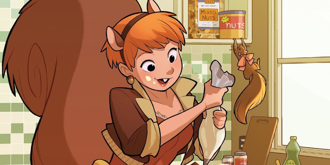 Squirrel Girl cooks in the kitchen in Marvel Comics.