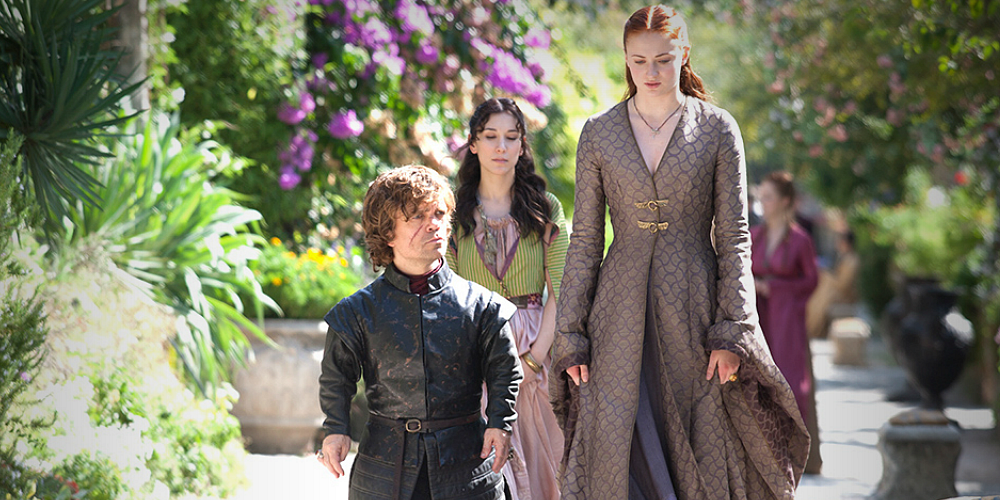Tyrion Lannister and Sansa Stark walking through the gardens from Game of Thrones