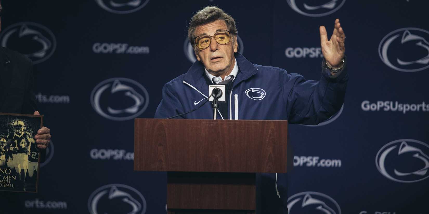 Al Pacino as Joe Paterno giving a press conference in Paterno HBO