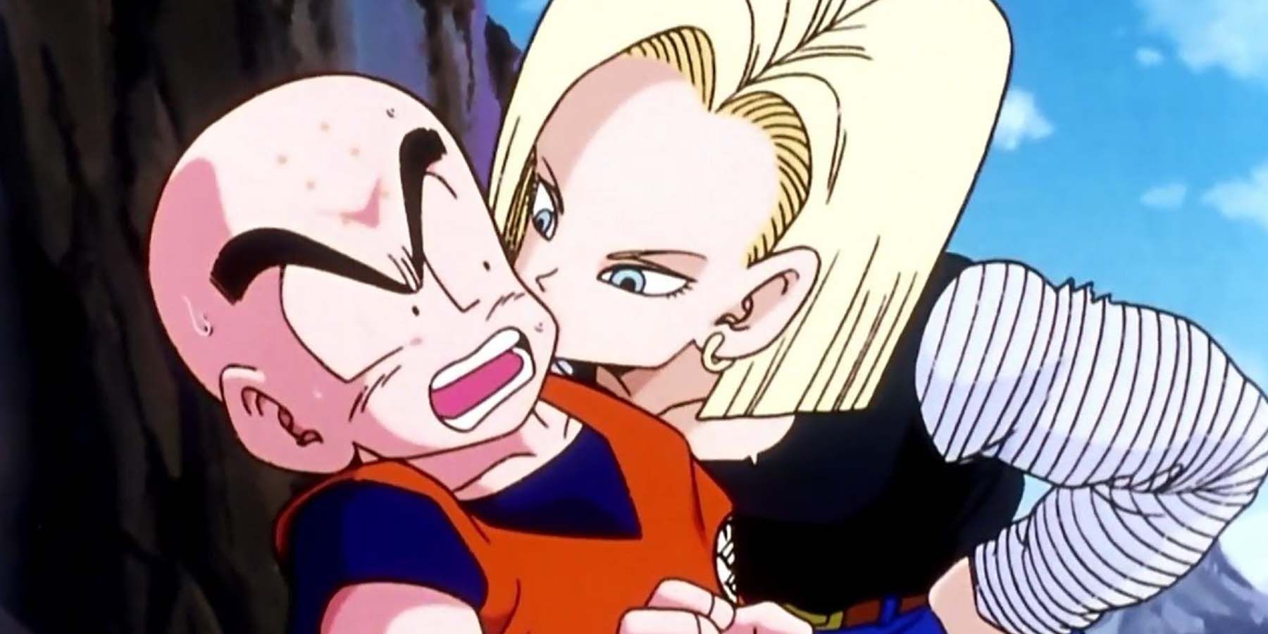 Android 18 kisses Krillin on the cheek in Dragon Ball