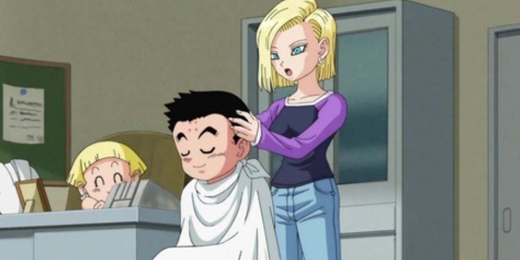 Android 18 shaves Krillin's head