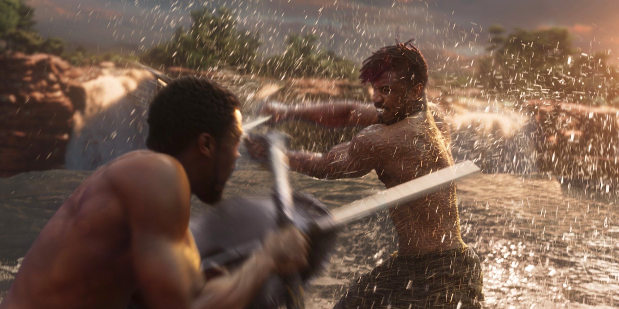 Killmonger and Black Panther fighting 