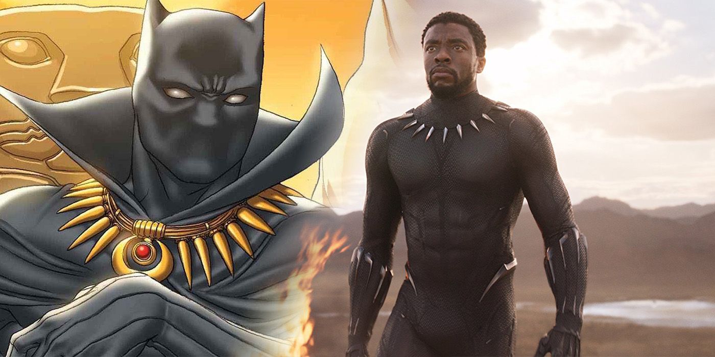 Black Panther with cape in comics and Chadwick Boseman without cape