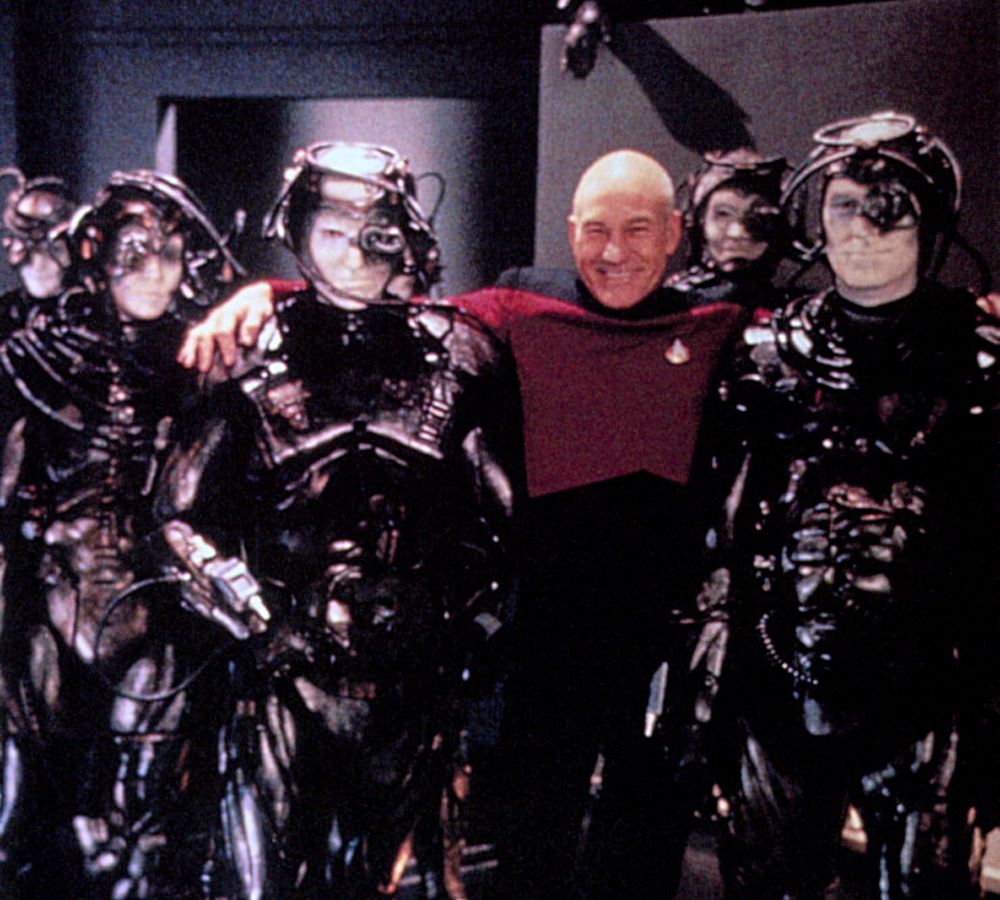 Patrick Stewart as Picard with the Borg behind the scenes on Star Trek: The Next Generation