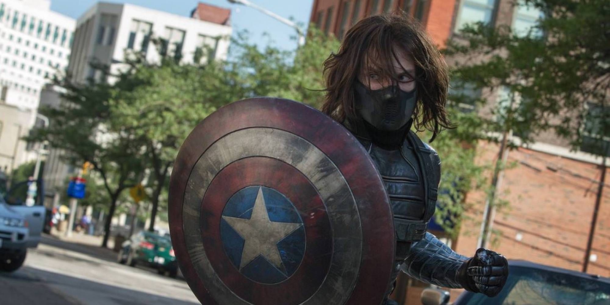 Bucky with Cap's Shield in Captain America The Winter Soldier 
