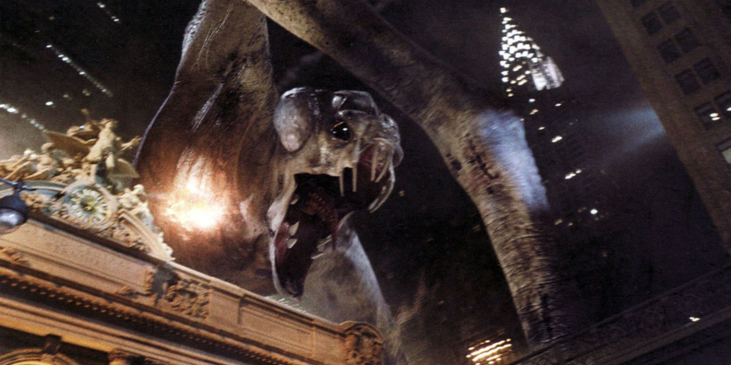 The Cloverfield monster attacks in front of the Chrysler Building in New York