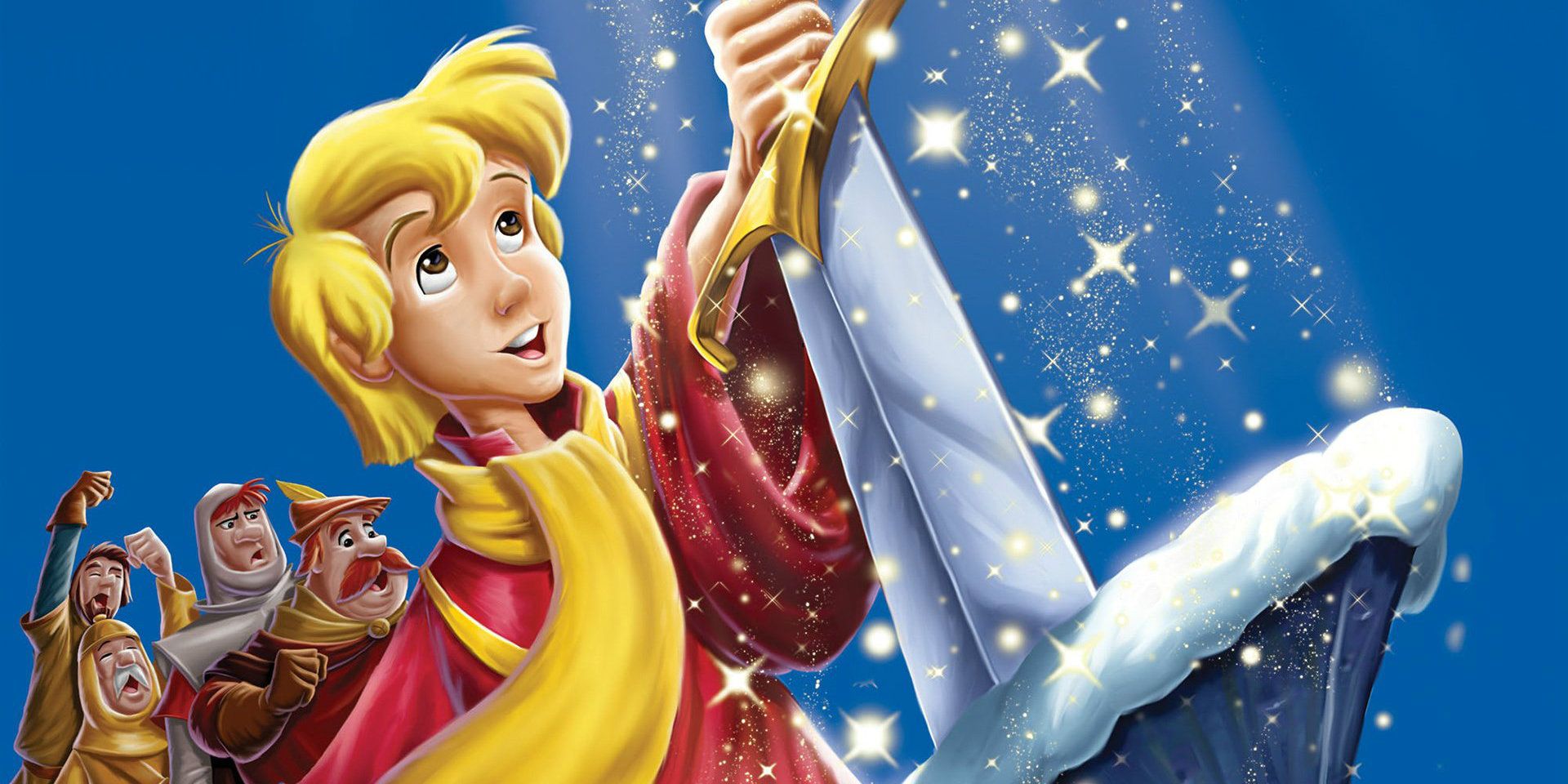 Arthur pulls the sword in Disney's animated The Sword In The Stone artwork.