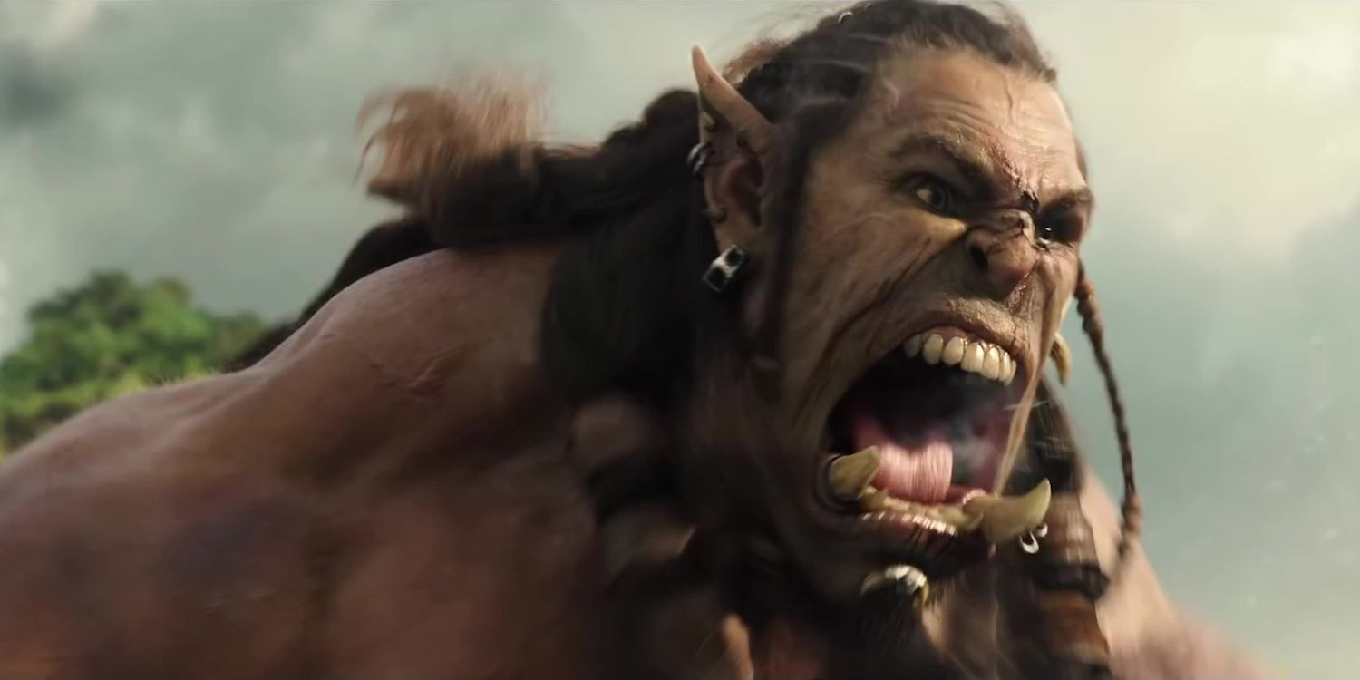 An orc from the Warcraft movie screaming in battle